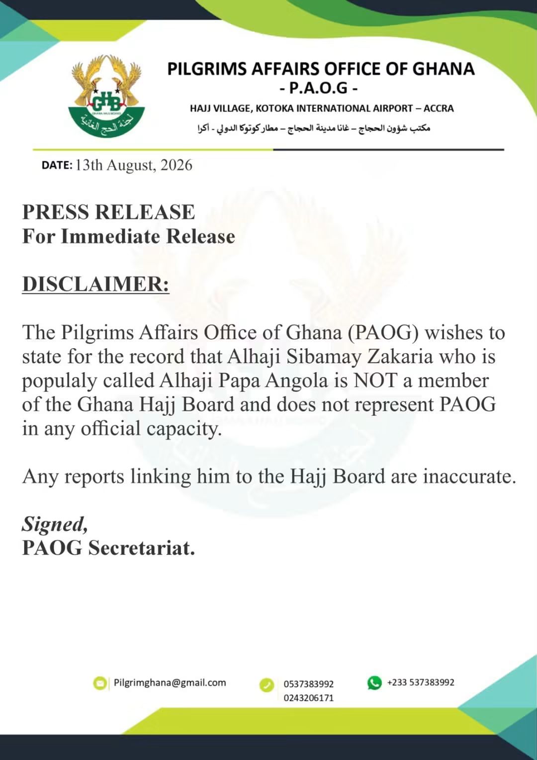 PAOG Disowns Alhaji Papa Angola, Says He Is Not A Hajj Board Member