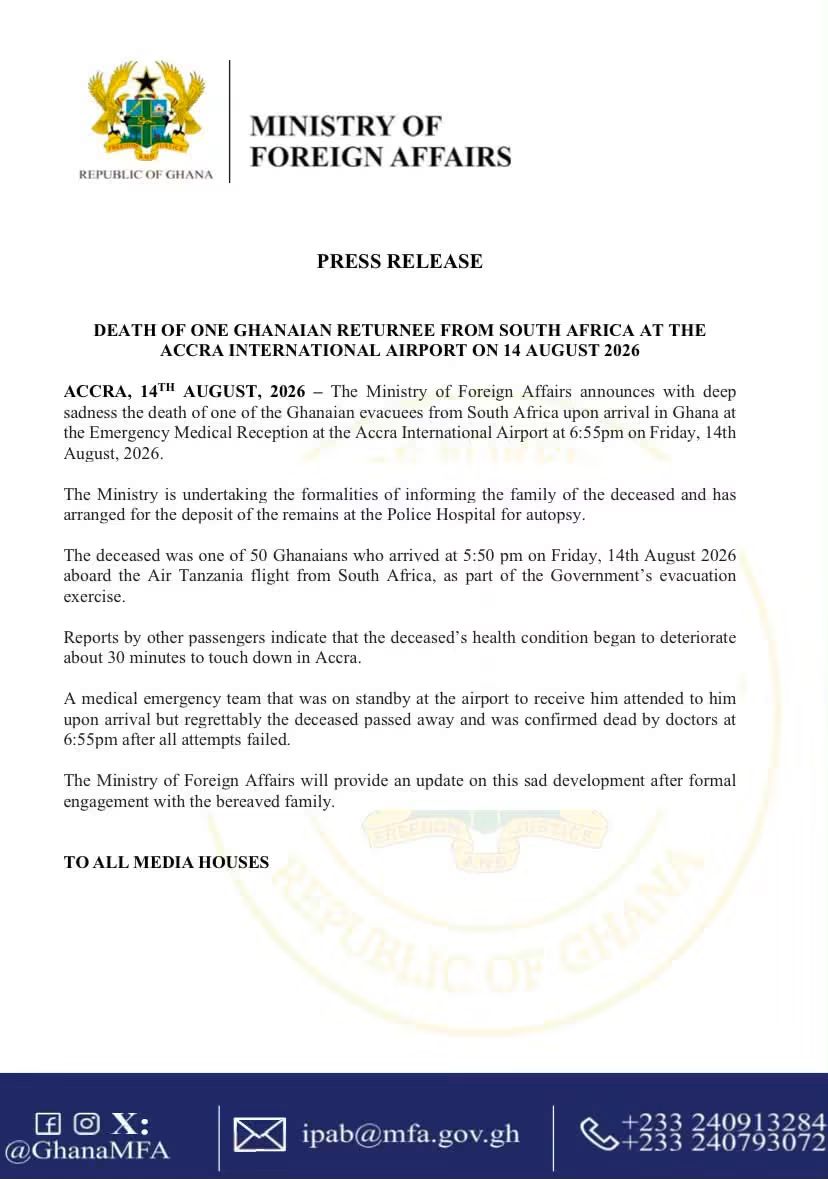Ministry Of Foreign Affairs Announces Death Of Ghanaian Returnee At Accra Airport