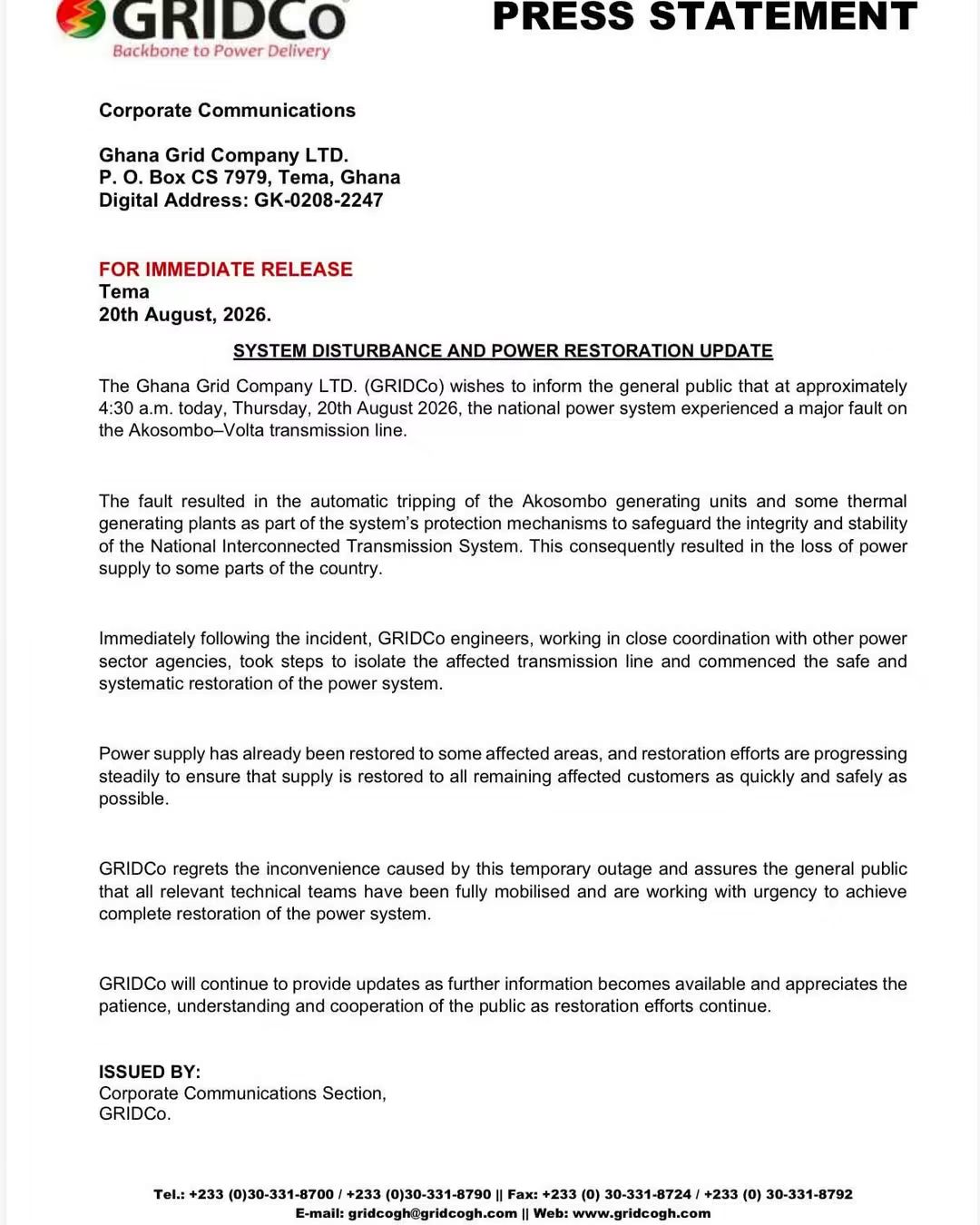 Major Fault On Akosombo-Volta Line Causes Nationwide Outage – GRIDCo Begins Restoration