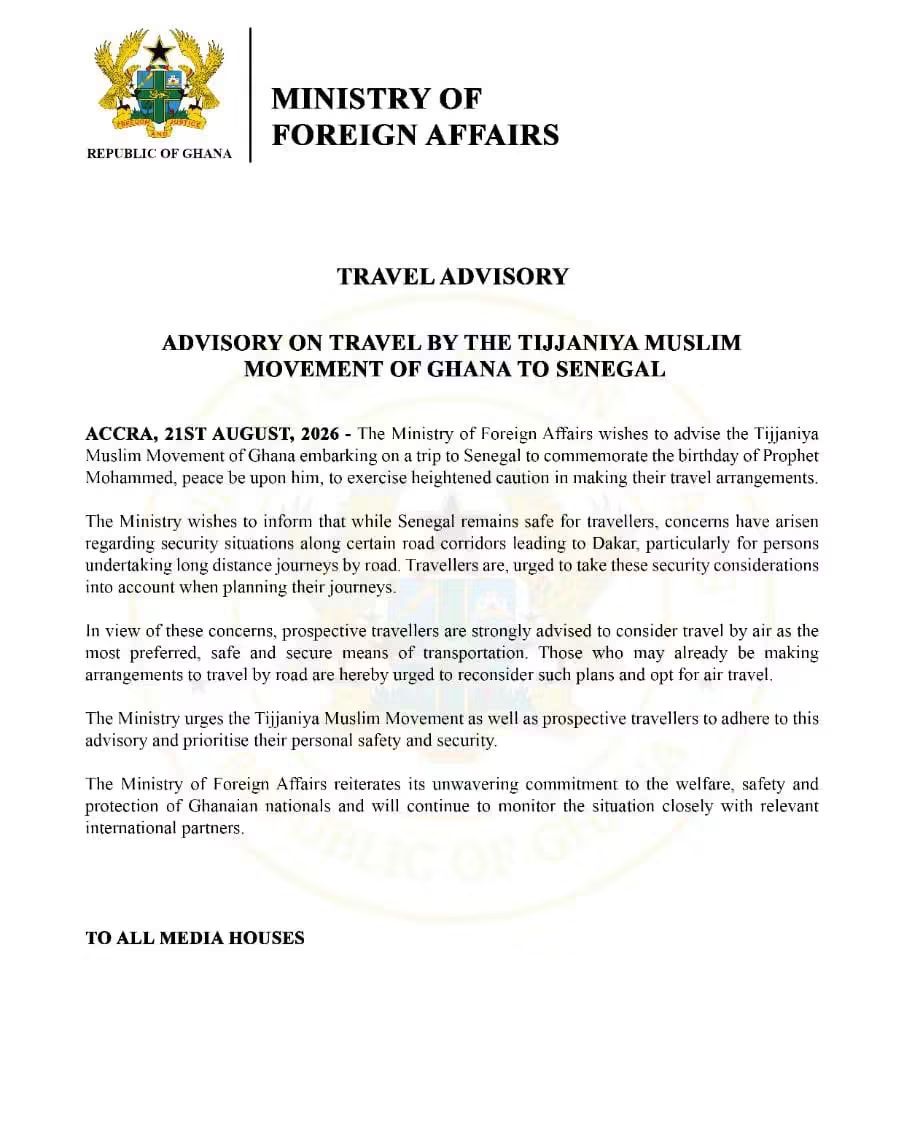 FOREIGN AFFAIRS MINISTRY ISSUES TRAVEL ADVISORY TO TIJJANIYA MUSLIMS PILGRIMS TO SENEGAL