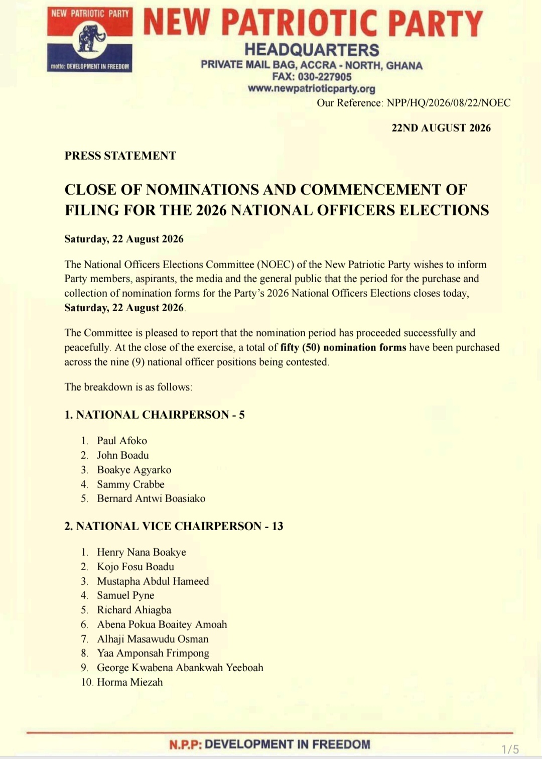 NPP CLOSES NOMINATIONS FOR 2026 NATIONAL OFFICERS ELECTIONS, 50 FORMS PICKED – FILING BEGINS AUGUST 23