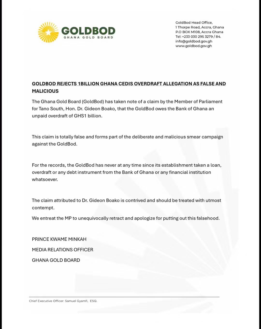 GoldBod rejects GH¢1 billion overdraft allegation as false and malicious