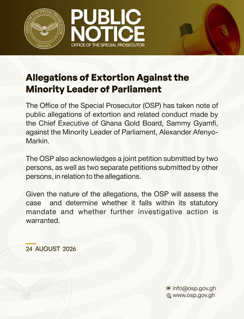 OSP takes note of extortion allegations against Minority Leader Afenyo-Markin