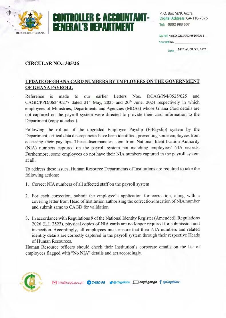 Gov't To Suspend Salaries Of Workers Without Valid Ghana Card From Sept. 15