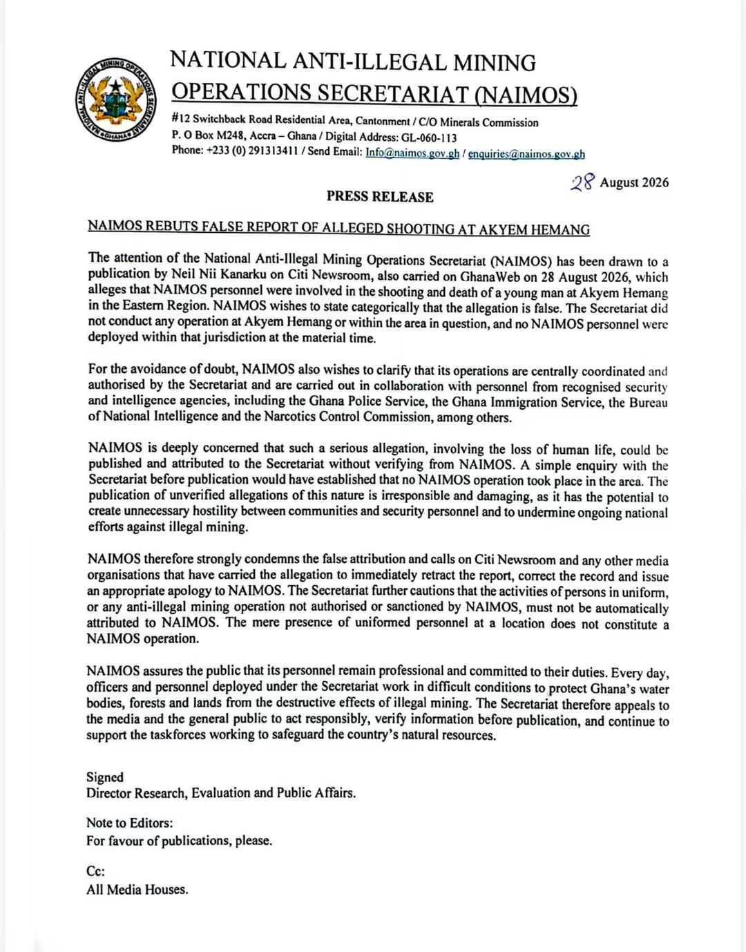 NAIMOS Denies Involvement In Akyem Hemang Shooting