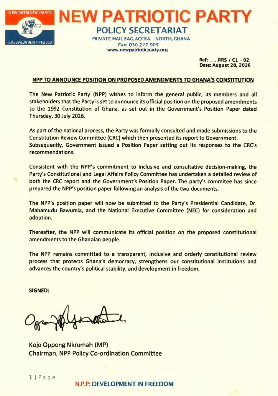 NPP To Announce Position On Proposed Amendments To 1992 Constitution