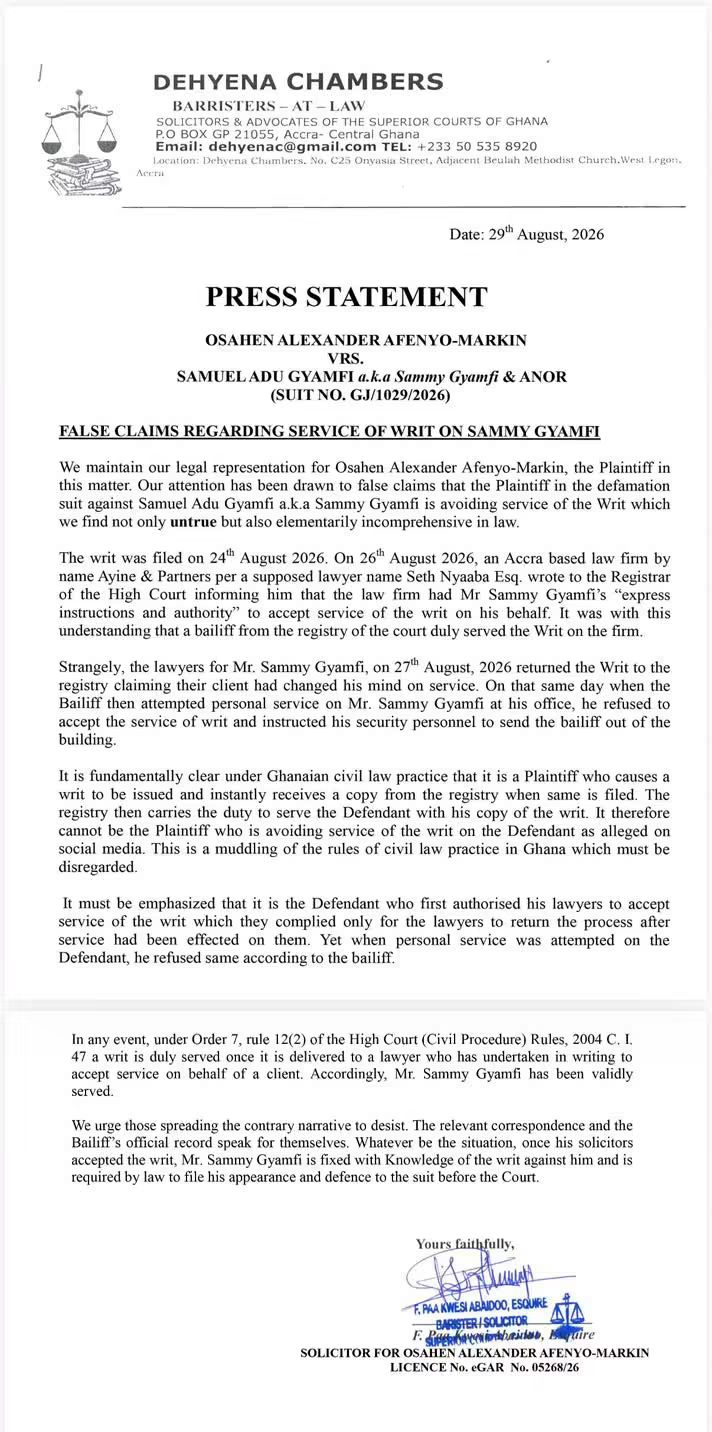 Afenyo-Markin’s Lawyers Reject Claims Sammy Gyamfi Is Evading Writ Service