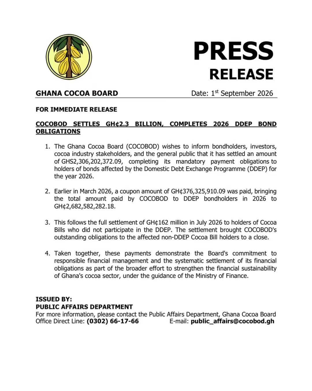 COCOBOD settles GH¢2.3bn owed to DDEP-affected Cocoa Bill holders