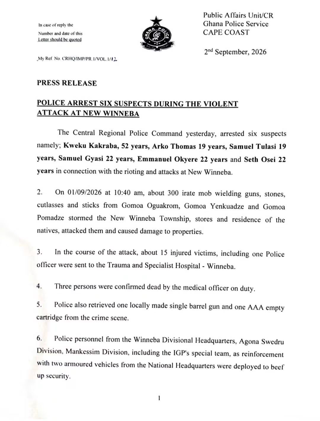 Police arrest 6 suspects over violent attack at New Winneba; 3 confirmed dead