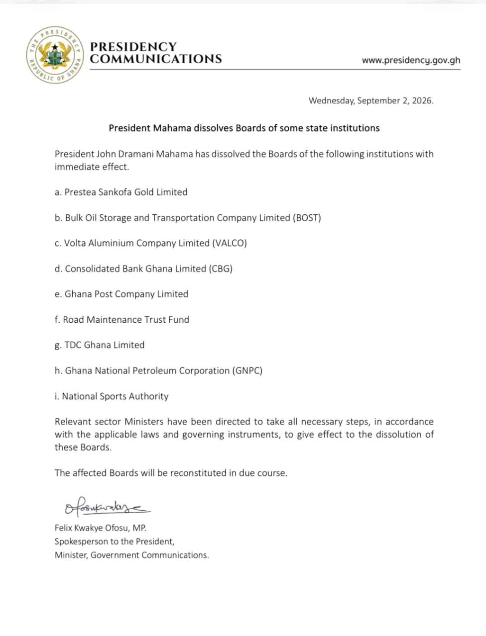 President Mahama dissolves Boards of 9 state institutions