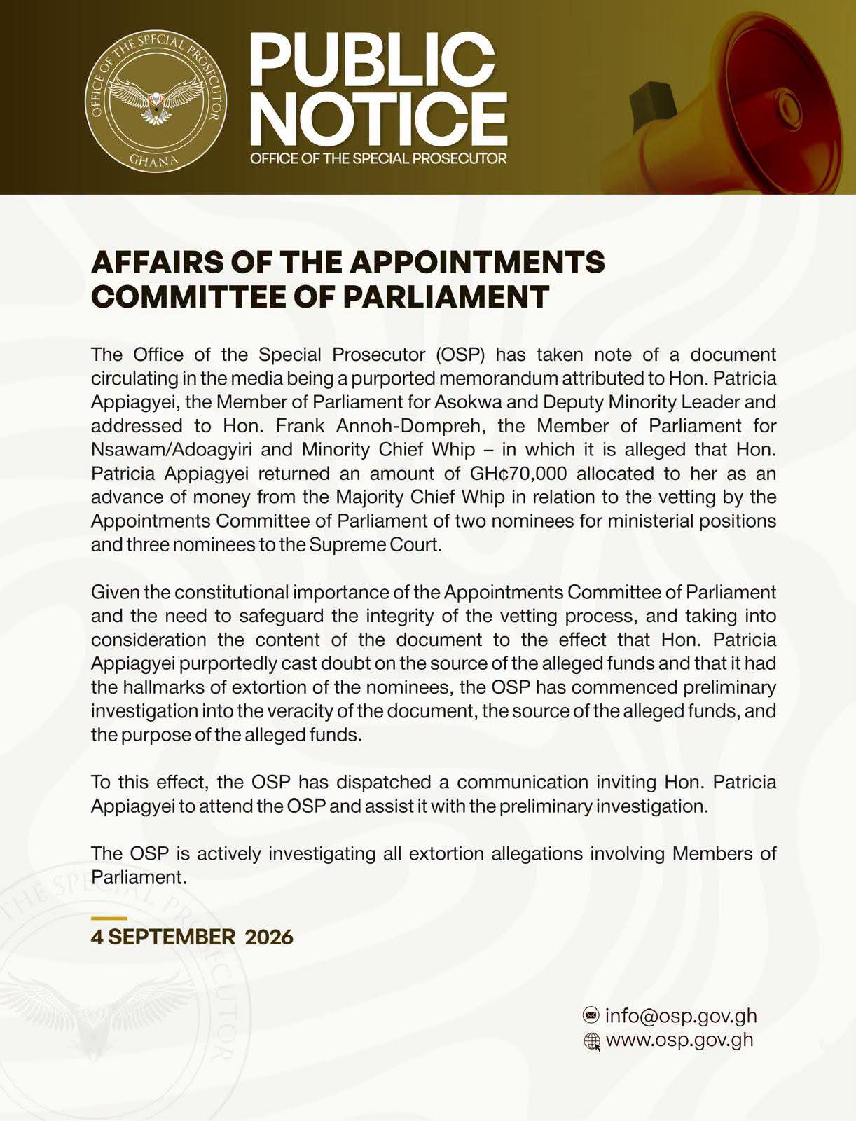 OSP probes alleged GH¢70k payment to Appointments Committee, invites Patricia Appiagyei