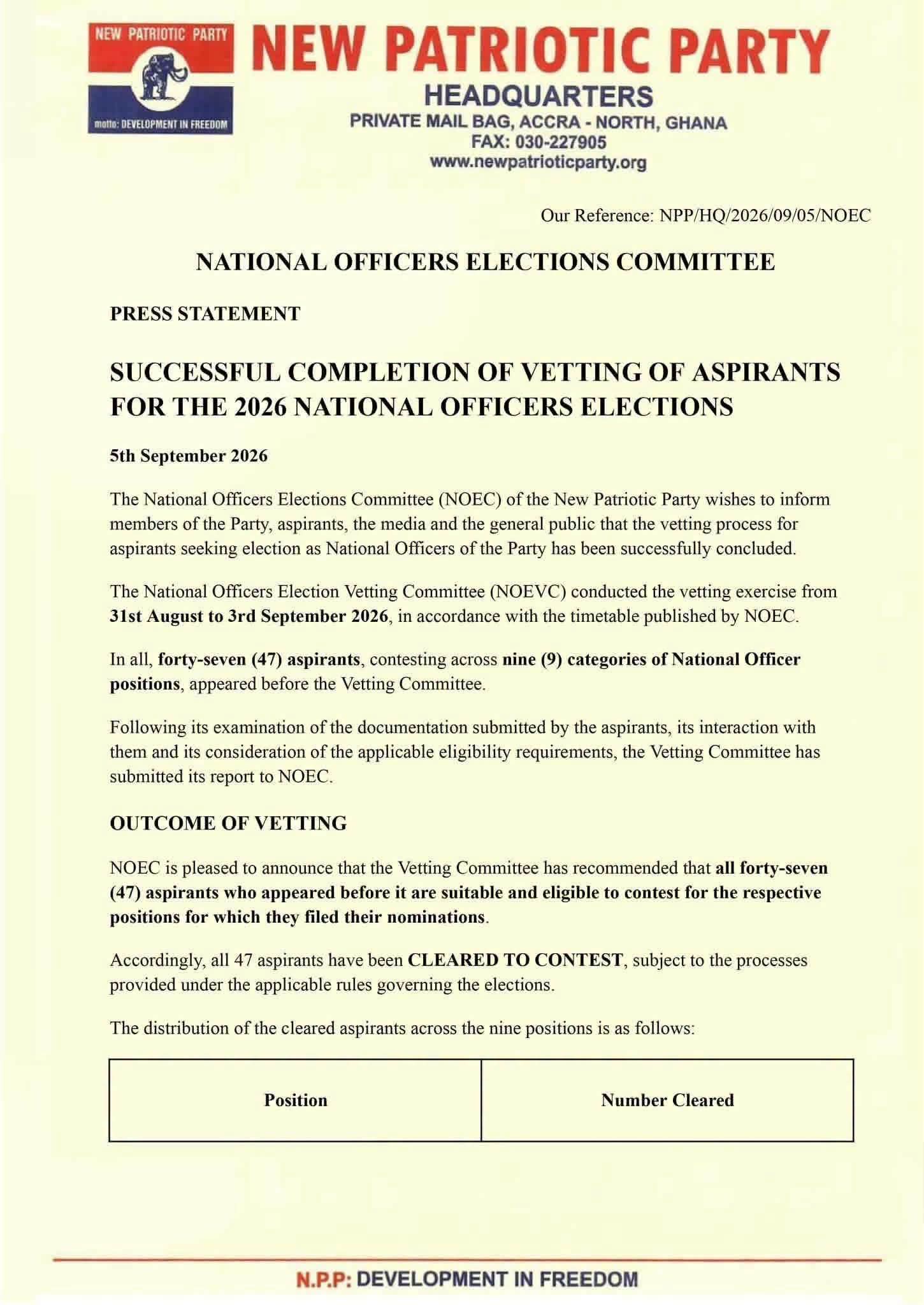 NPP Clears All 47 Aspirants for National Officers Elections; Balloting Set for September 9