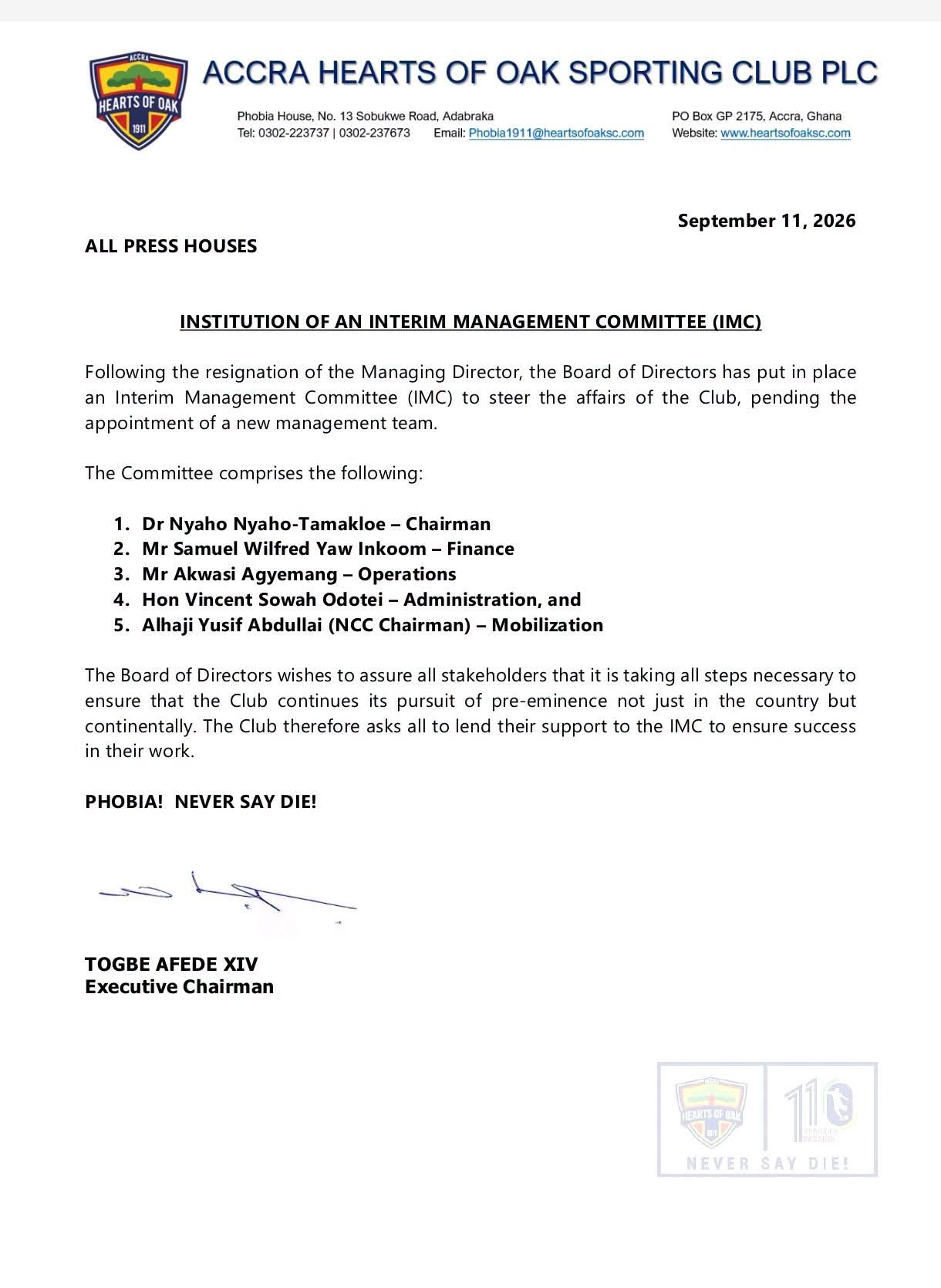Hearts of Oak Constitutes Interim Management Committee After Managing Director Resigns