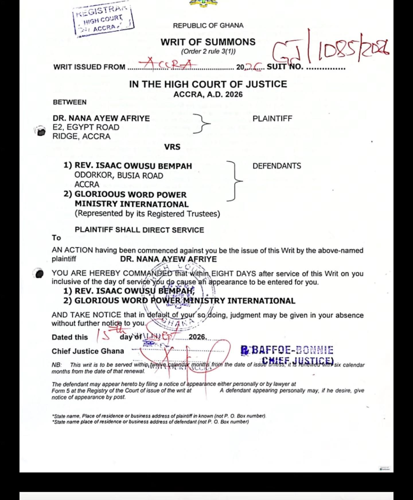 Dr. Nana Ayew Afriyie Sues Rev. Owusu Bempah, Glorious Word Power Ministry