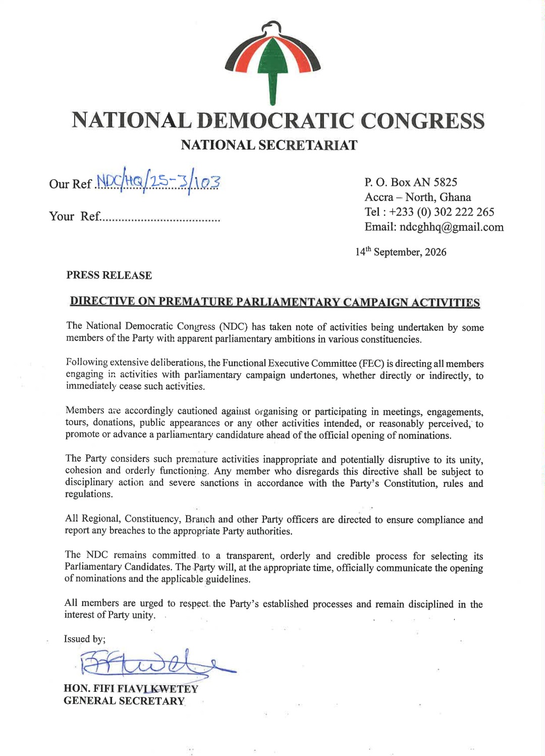 NDC Bans Premature Parliamentary Campaign Activities