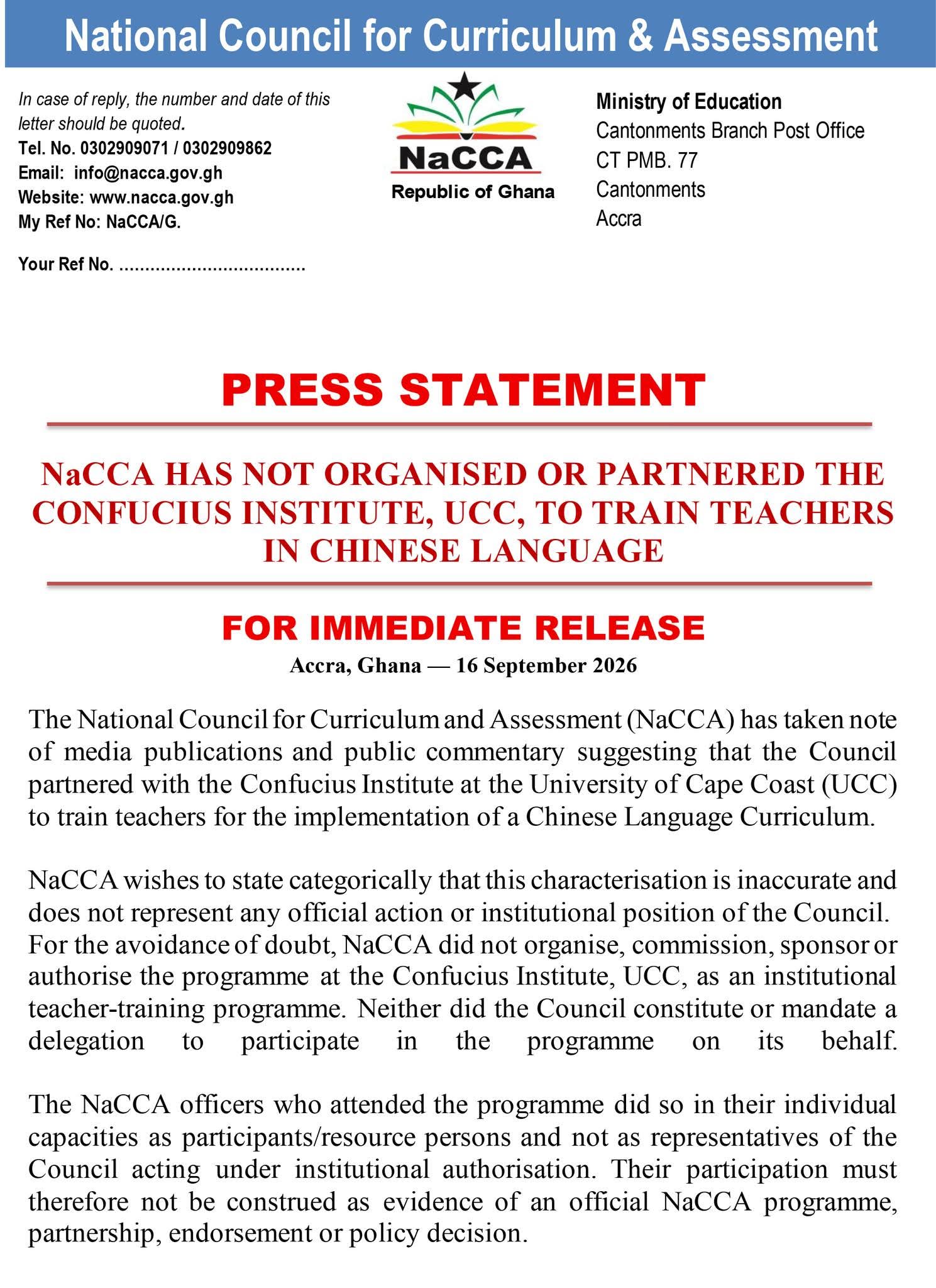 NaCCA Denies Partnering Confucius Institute To Train Teachers In Chinese Language