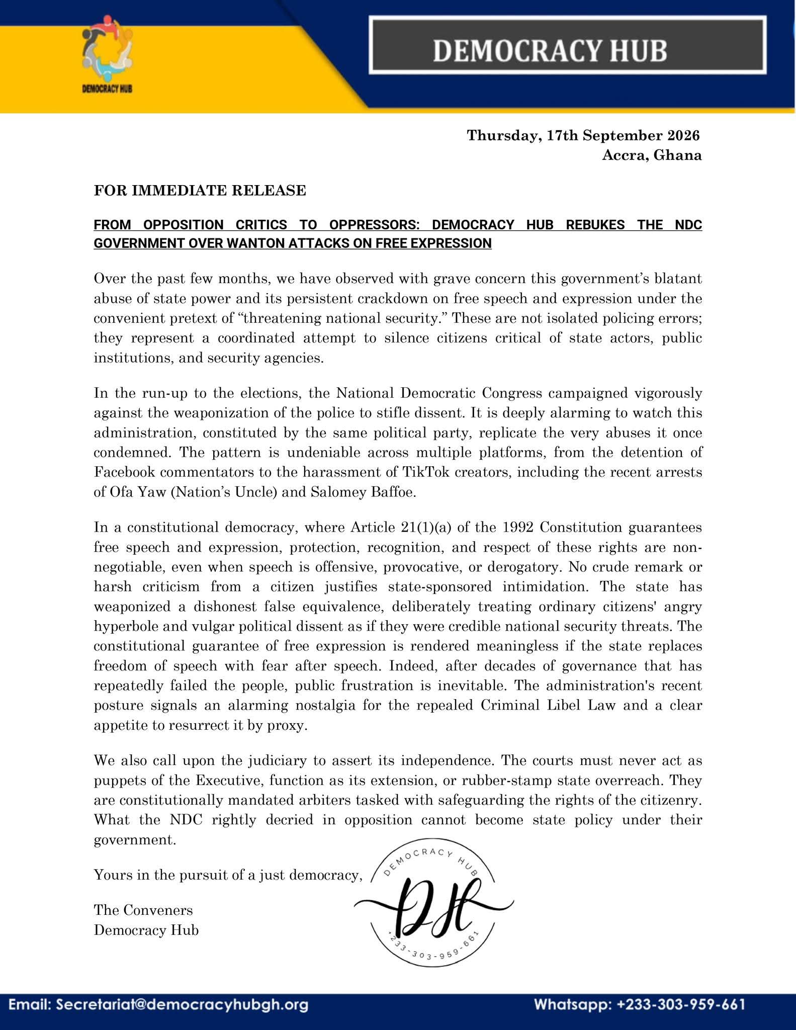 Democracy Hub Slams NDC Govt Over Crackdown On Free Speech