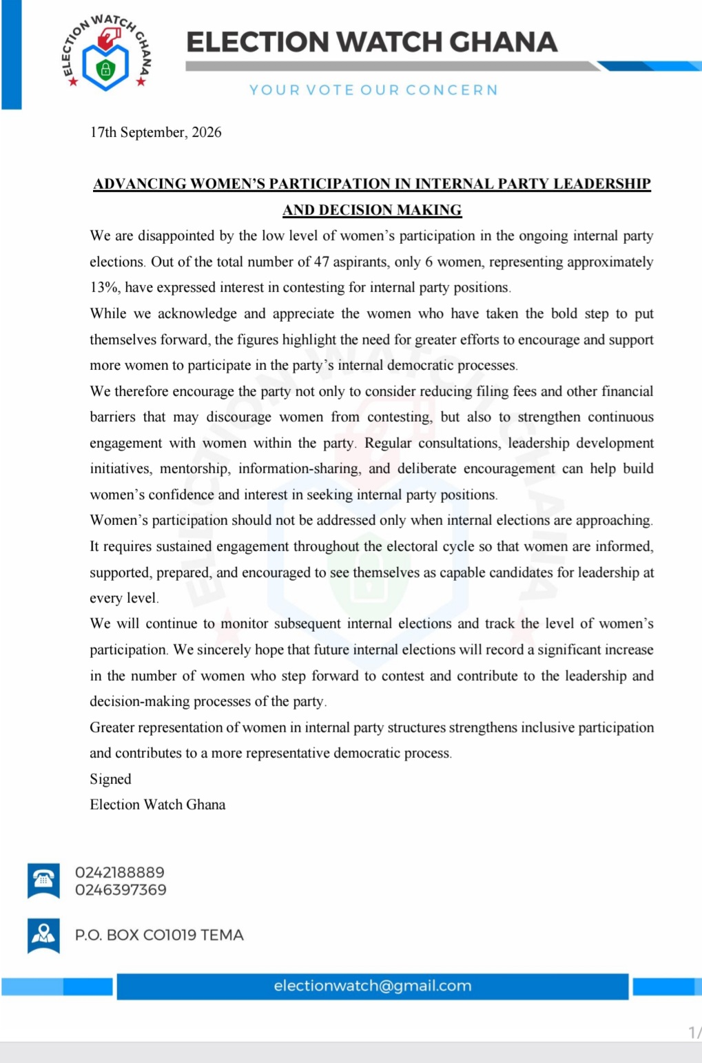 Only 6 Out Of 47 Aspirants Are Women - Election Watch Ghana Raises Alarm Over Low Female Participation In NPP Internal Party Elections