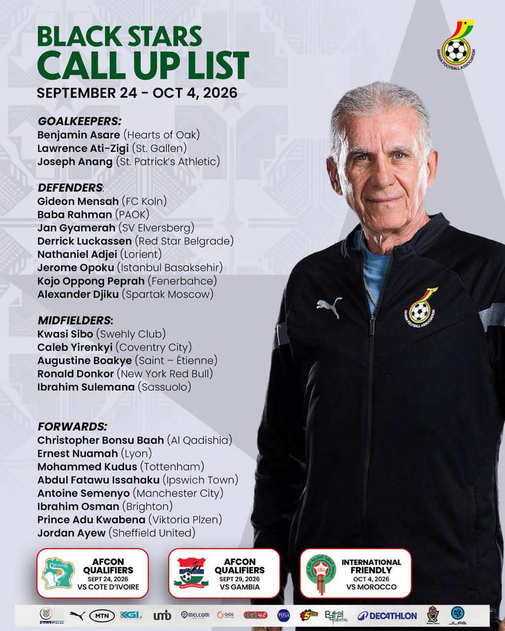 Black Stars Coach Names Squad For AFCON Qualifiers Against Cote d'Ivoire, Gambia