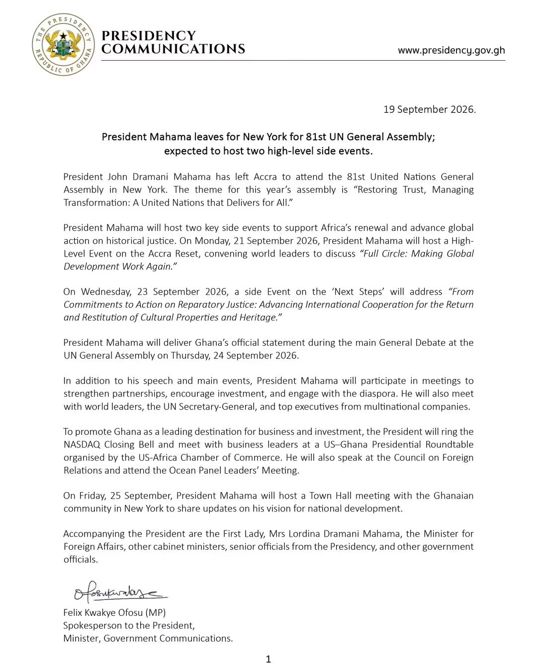 President Mahama Leaves For New York For 81st UN General Assembly; To Host Two High-Level Side Events
