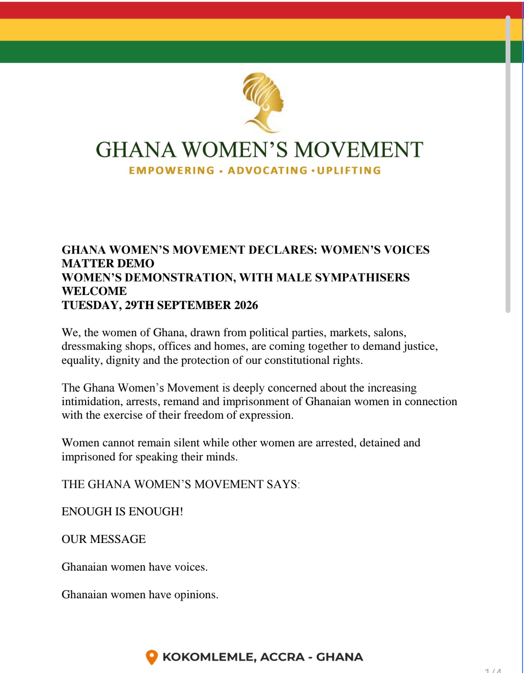 Ghana Women's Movement declares 'Women's Voices Matter' demonstration on Sept 29