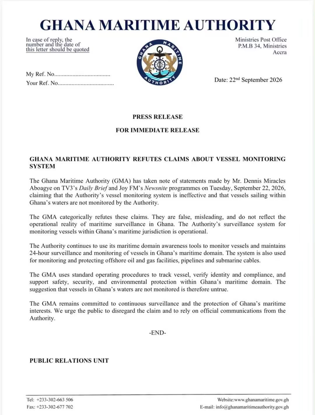 GMA Debunks Dennis Miracles Aboagye's Claim, Says Vessel Monitoring System Is Fully Operational
