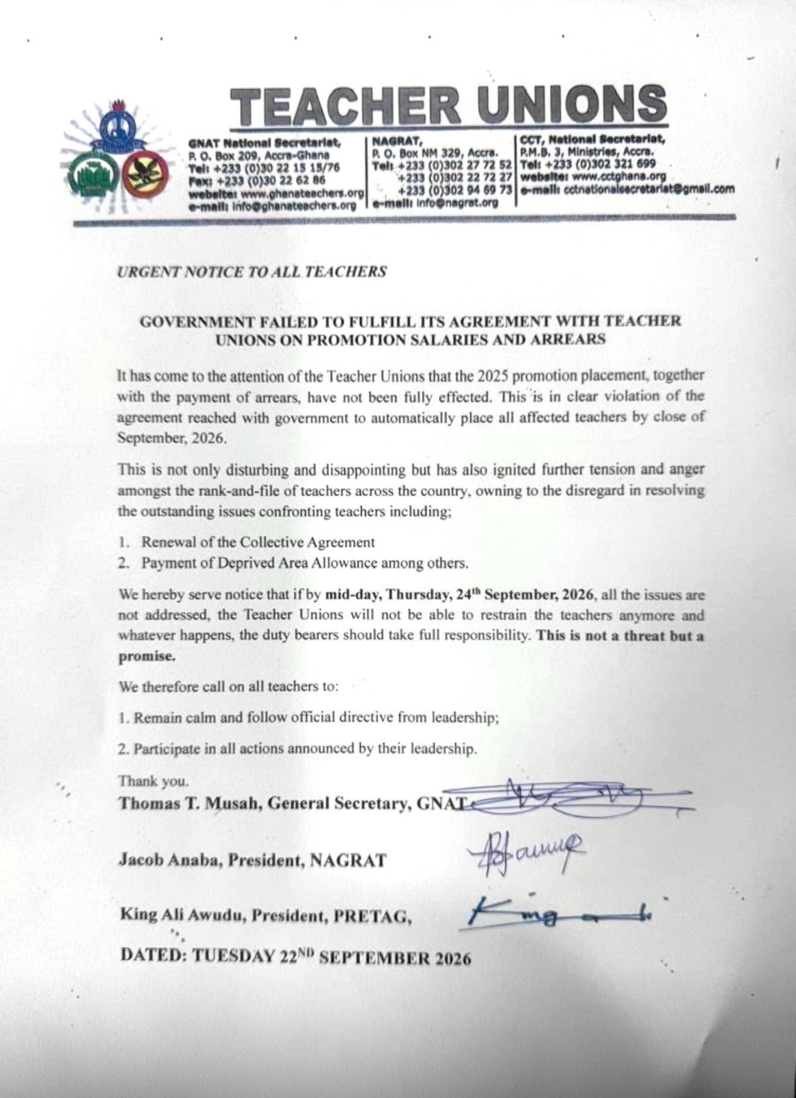 Teacher Unions Threaten Nationwide Action Over Unpaid Promotion Arrears, Give Govt Ultimatum