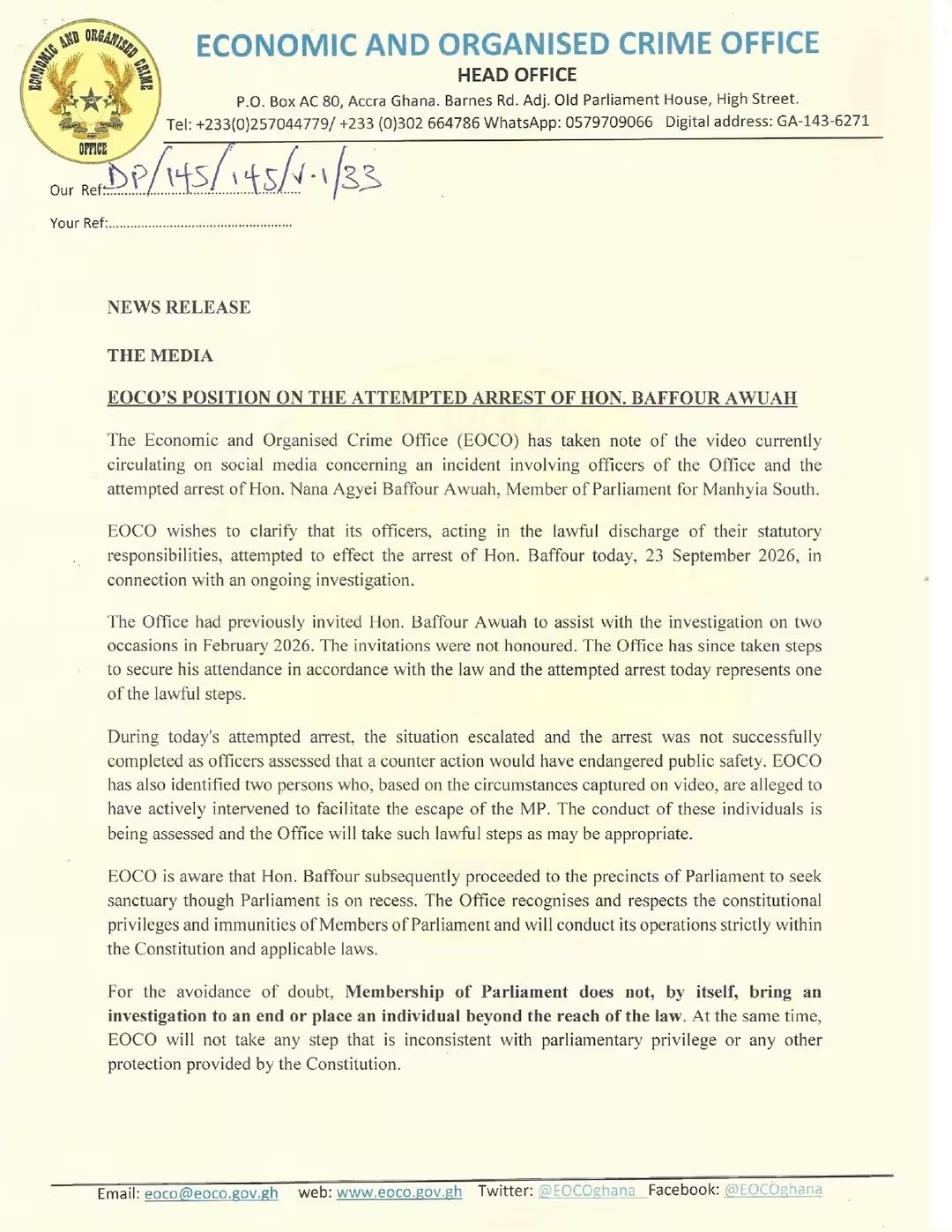 EOCO Breaks Silence On Attempted Arrest Of Manhyia South MP