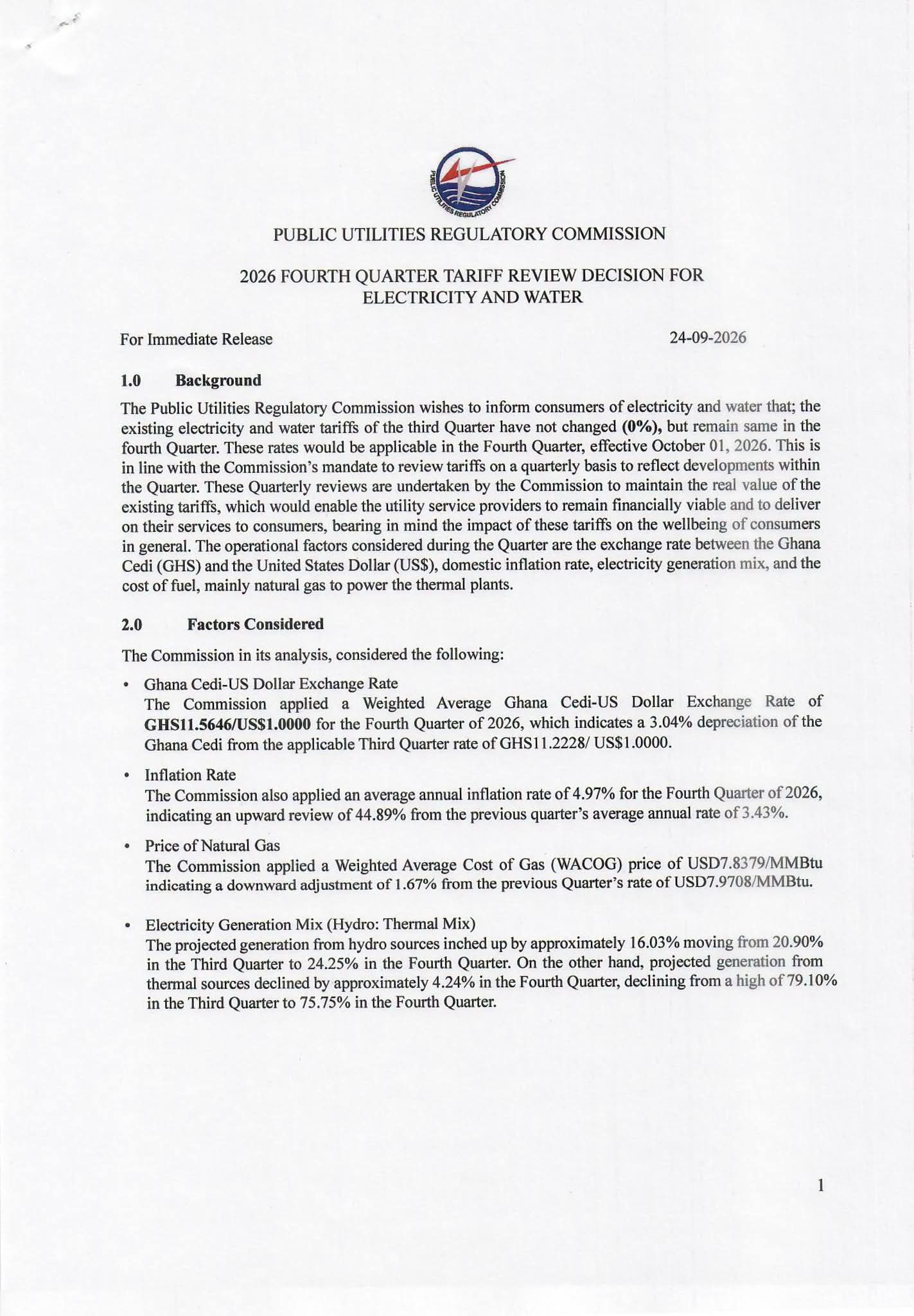 PURC Maintains Electricity And Water Tariffs For Fourth Quarter