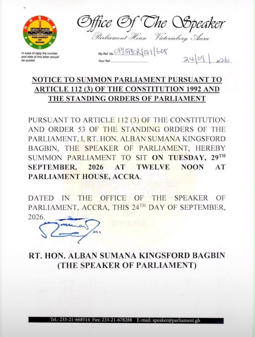 Speaker Bagbin Summons Parliament To Sit On September 29