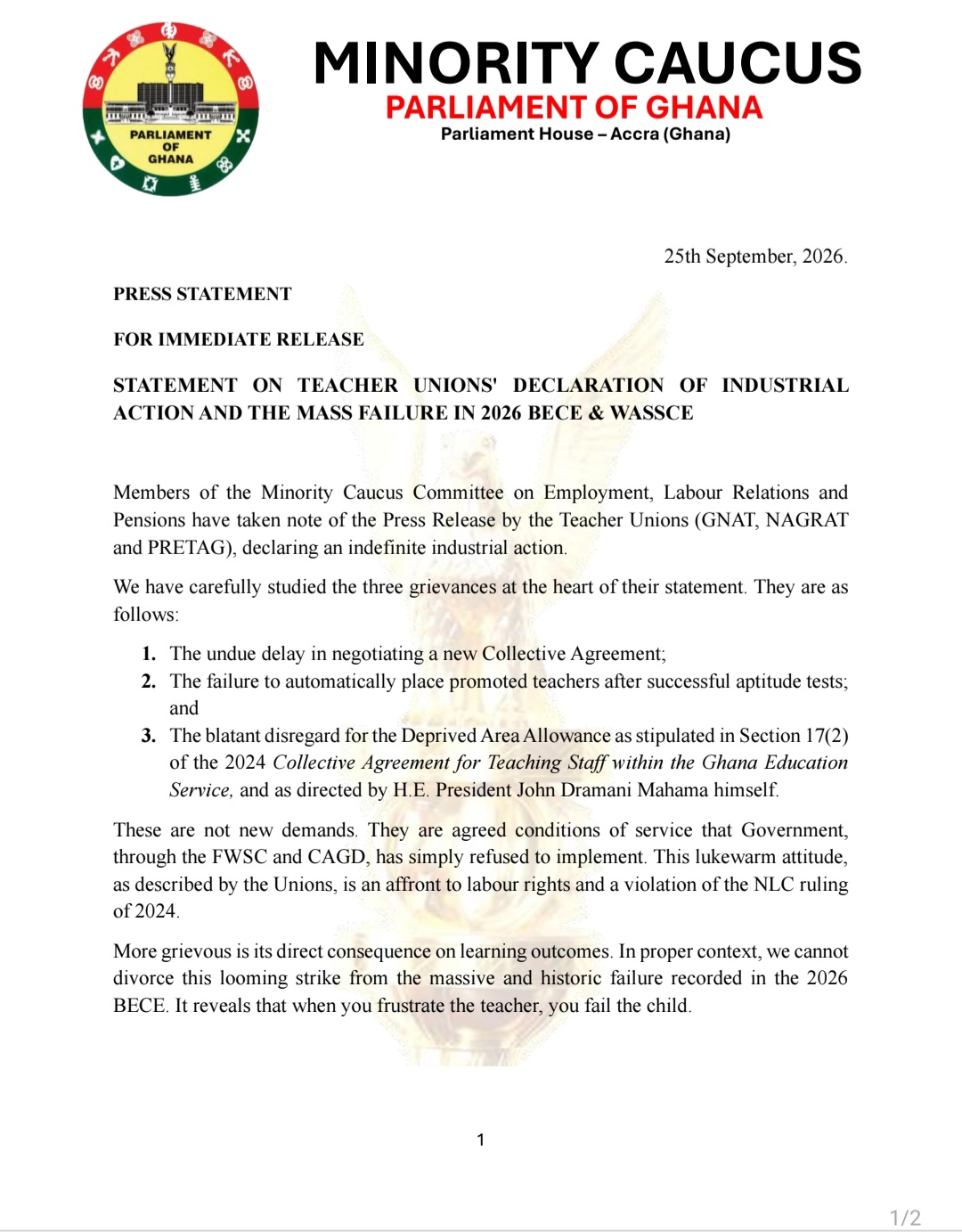 Minority Caucus Links Teachers' Strike To 2026 BECE and WASSCE Mass Failure, Blasts Government