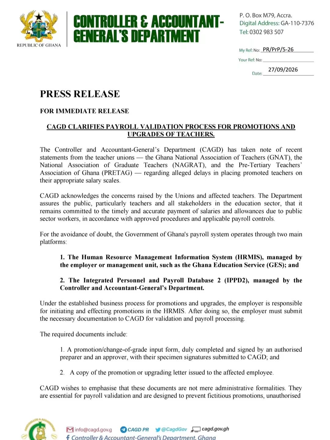 CAGD Says It Has Paid All 6,079 Promotion Cases Submitted By GES, Blames Outstanding Arrears On Delay By GES