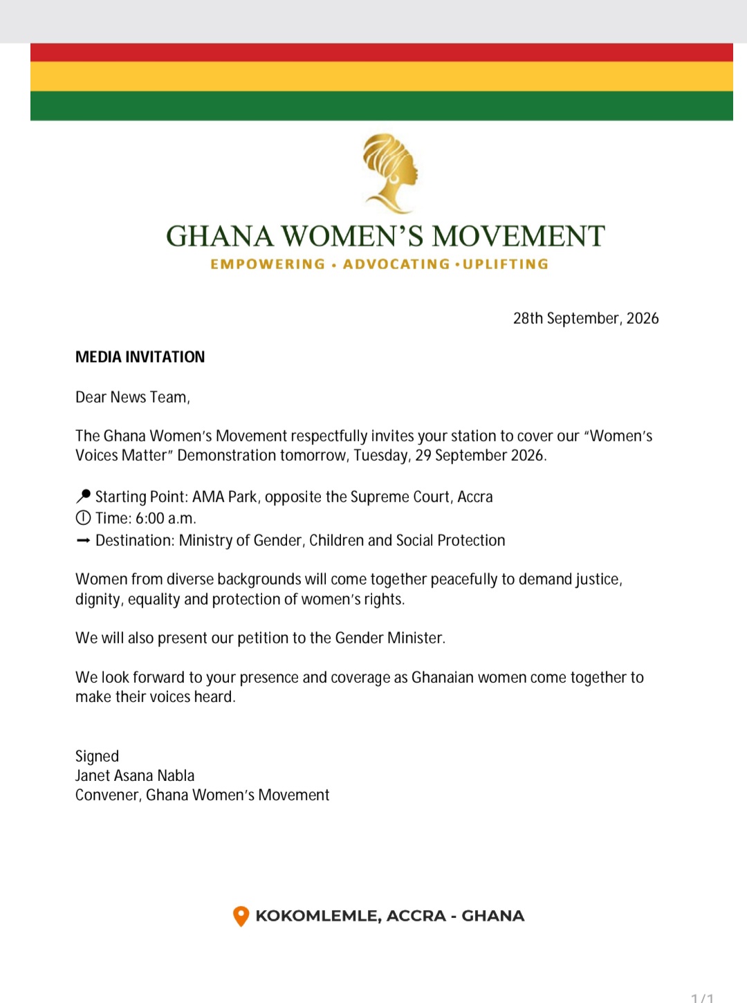Ghana Women's Movement Announces 'Women's Voices Matter' Demonstration Tuesday