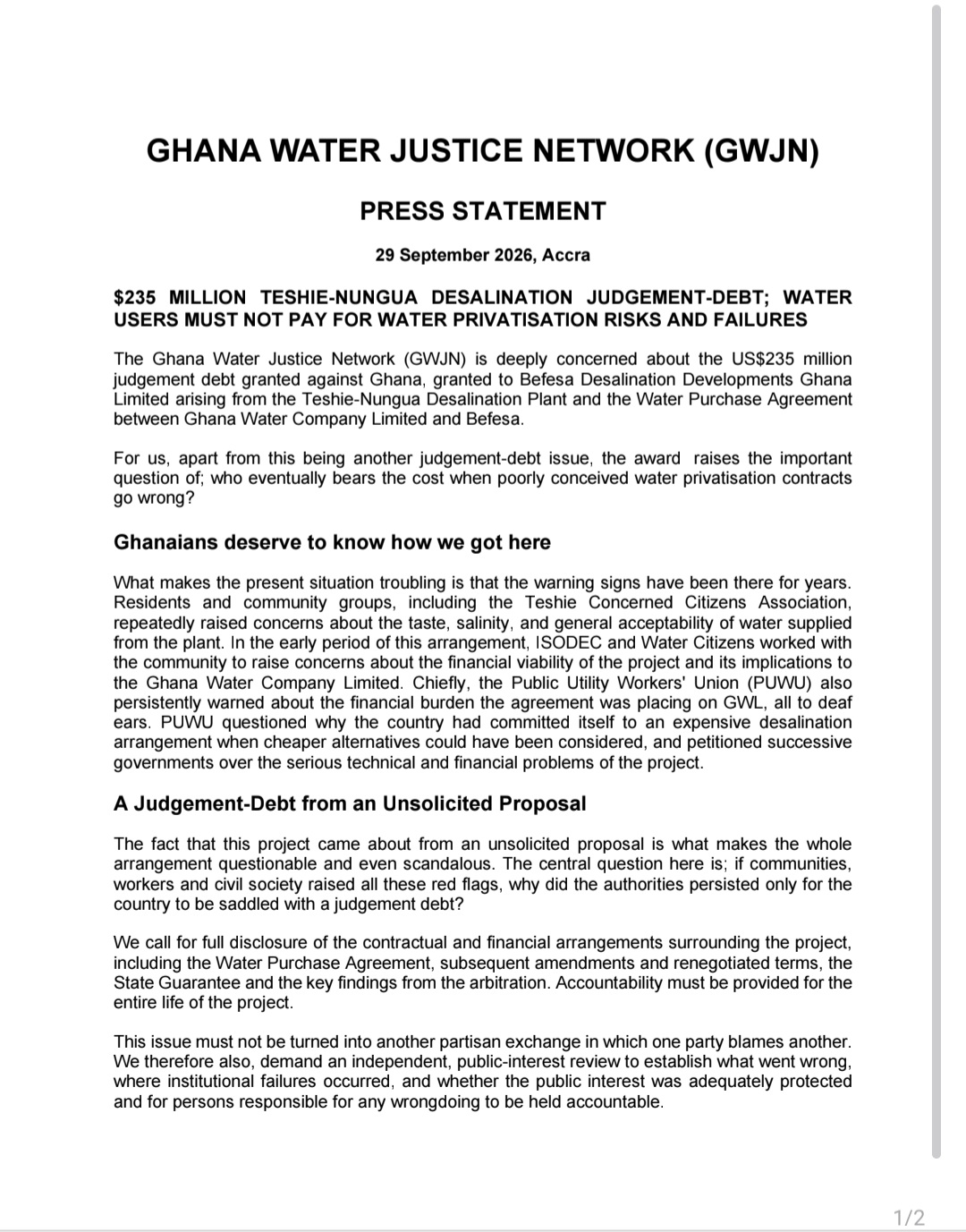 Don't Make Ghanaians Pay For Failed Desalination Deal - Water Justice Network Warns Govt Over $235m Judgement Debt
