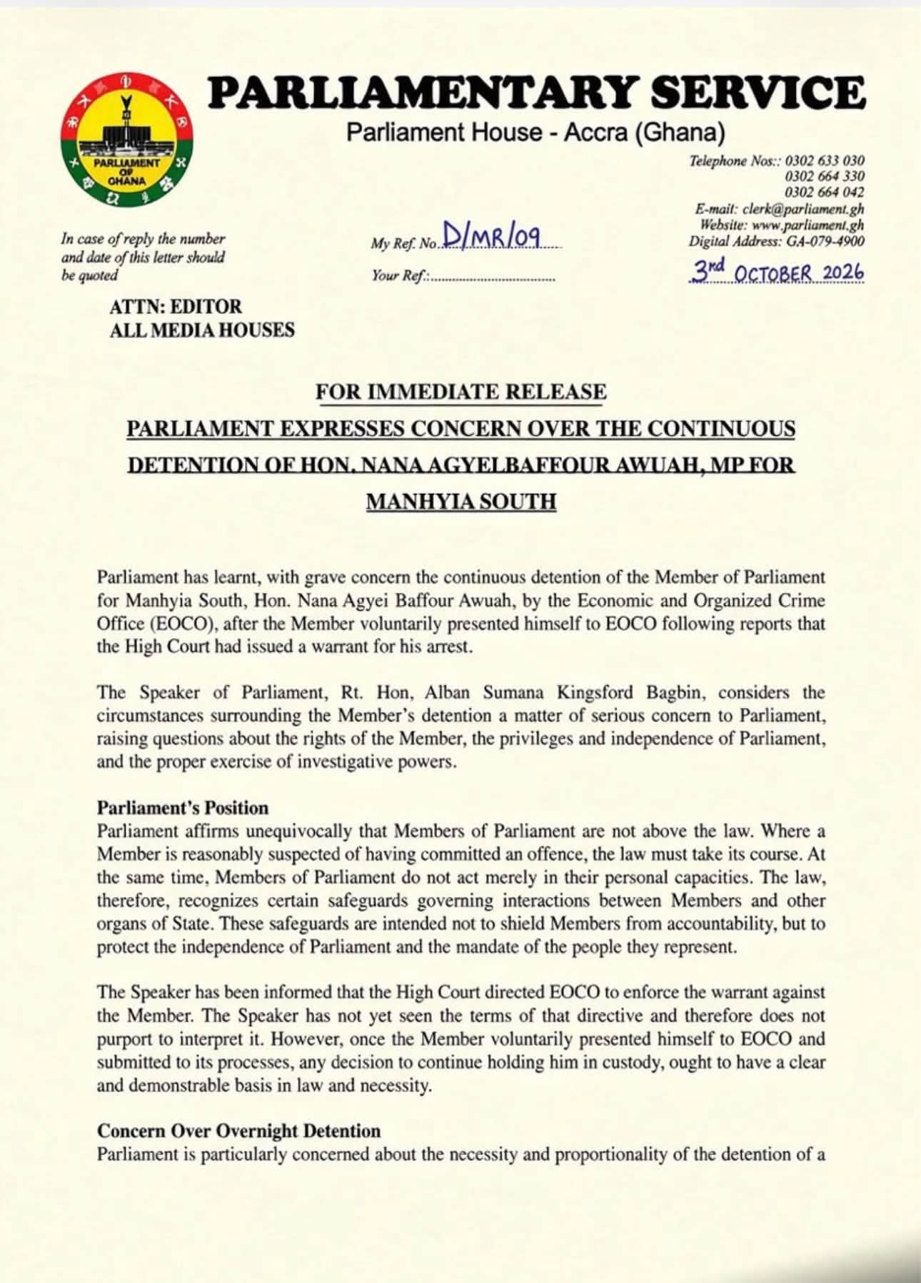 Parliament Expresses Concern Over Continued Detention Of Manhyia South MP, Calls For Due Process
