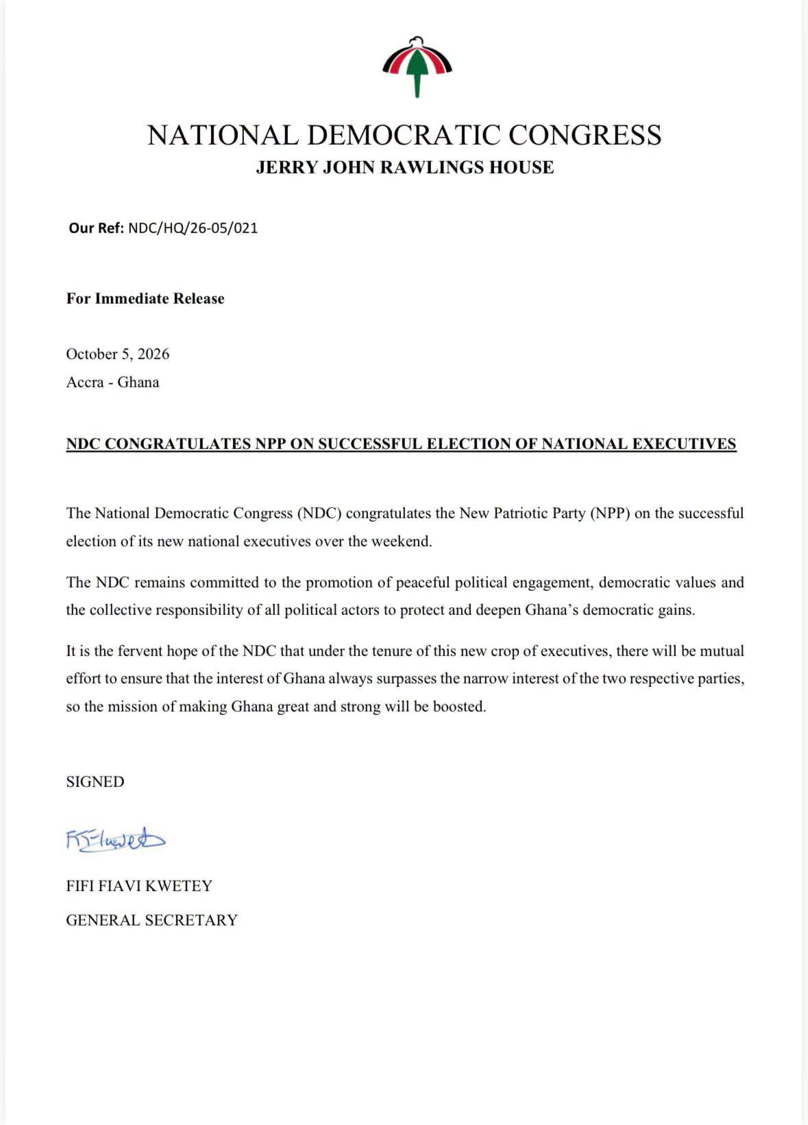 NDC Congratulates NPP On Successful Election Of National Executives