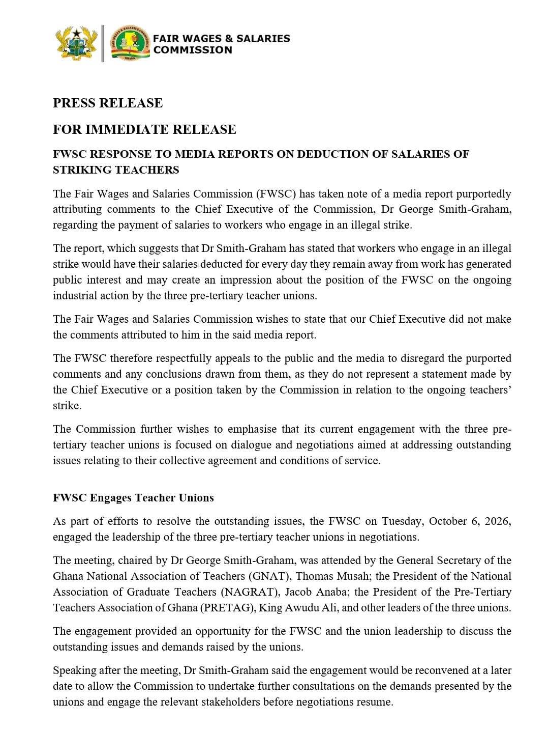 FWSC Debunks Claims That Teachers' Salaries Will Be Deducted If Strike Is Not Ended By Friday
