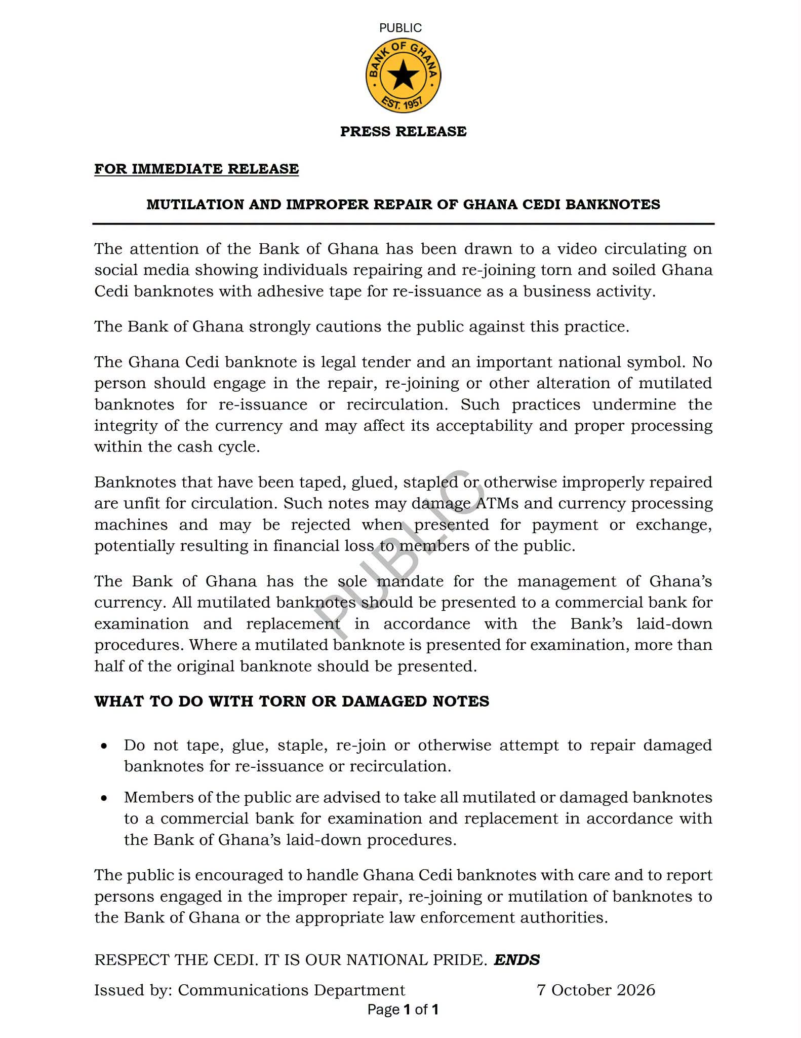 Bank of Ghana Cautions Public Against Repairing And Re-Joining Torn Cedi Notes With Adhesive Tape