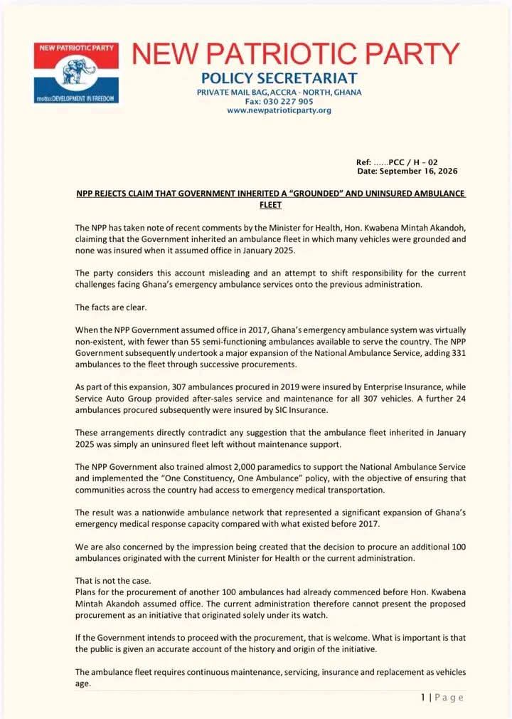 NPP Rejects Health Minister's Claim That Government Inherited a "Grounded" and Uninsured Ambulance Fleet