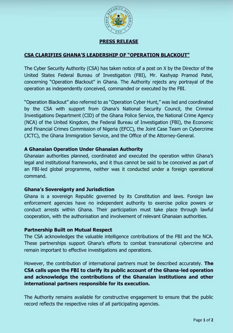 CSA Clarifies Ghana's Leadership of "Operation Blackout", Rejects FBI-Led Portrayal