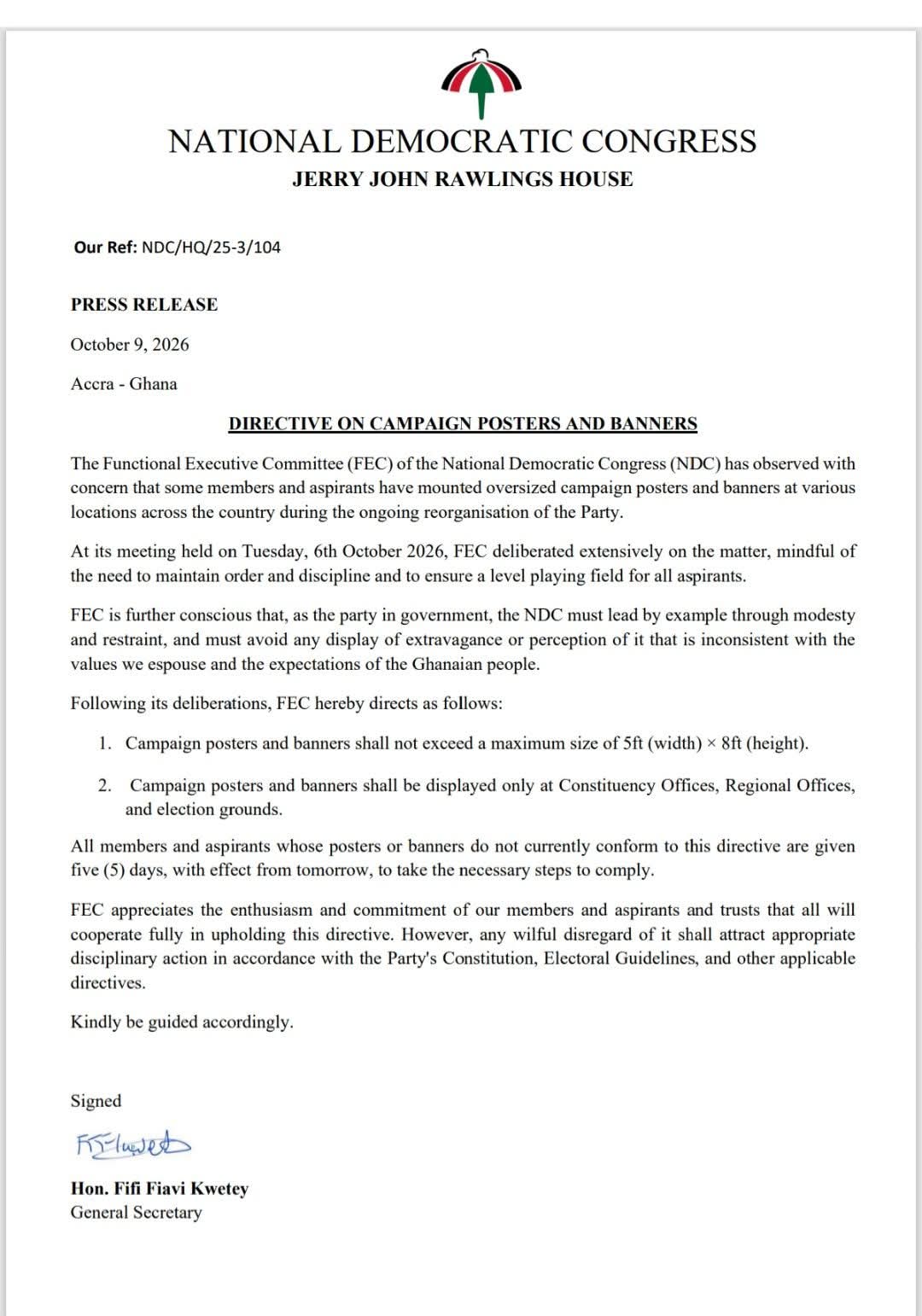 NDC FEC Bans Oversized Campaign Posters, Restricts Display To Party Offices