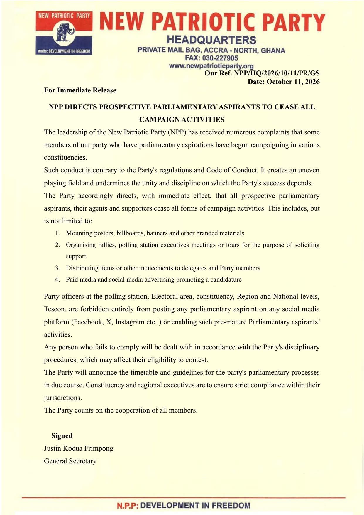 NPP Orders All Prospective Parliamentary Aspirants To Cease Campaign Activities With Immediate Effect