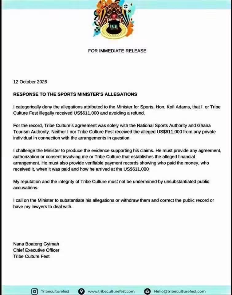 Tribe Culture Fest CEO Denies $611,000 Allegation, Challenges Sports Minister To Show Proof
