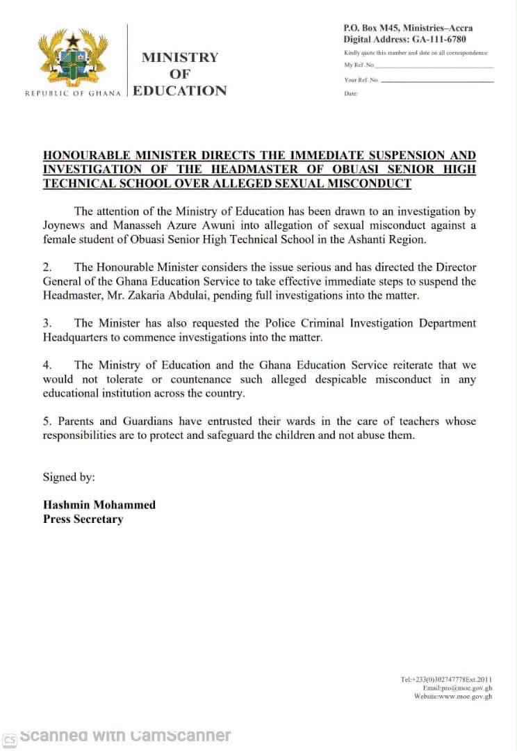 Education Minister Orders Immediate Suspension Of Obuasi SHTS Headmaster Over Alleged Sexual Misconduct