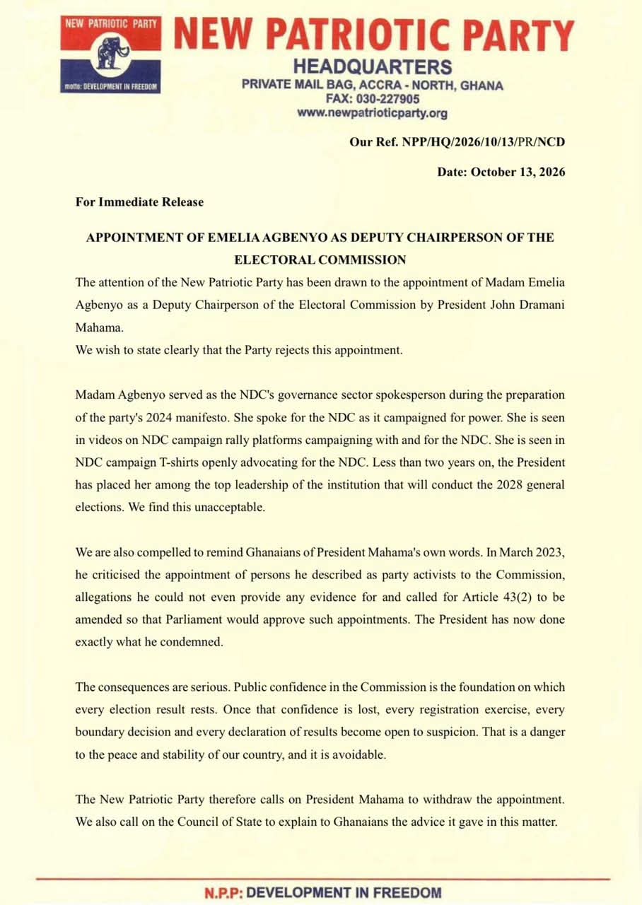 NPP Rejects Appointment Of Emelia Agbenyo As Deputy EC Chairperson, Calls For Withdrawal