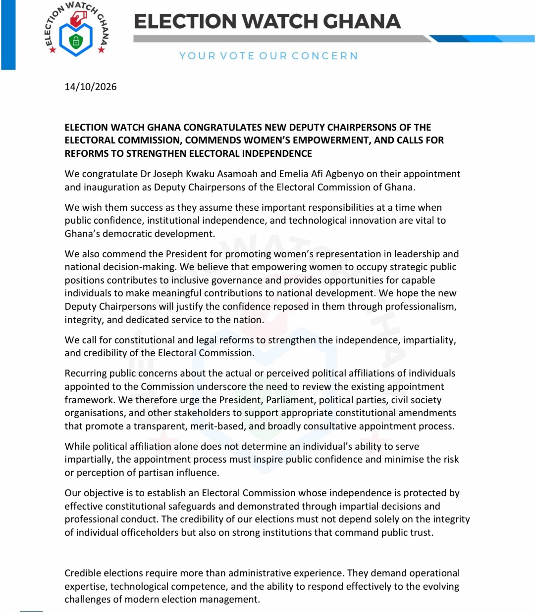 Election Watch Ghana Congratulates New EC Deputy Chairpersons, Calls For Reforms To Strengthen Electoral Independence