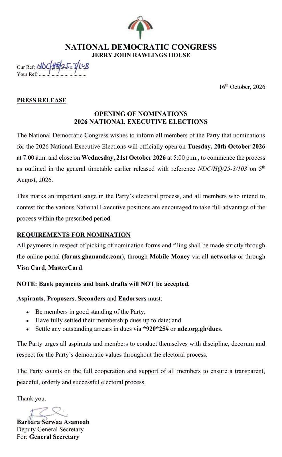 NDC Opens Nominations for 2026 National Executive Elections