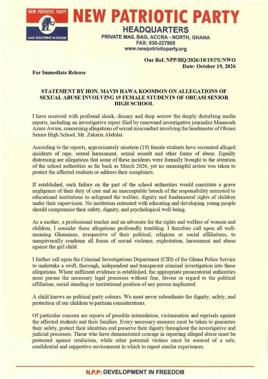 Mavis Hawa Koomson Condemns Alleged Sexual Abuse of 19 Female Students at Obuasi SHS, Demands Independent Probe