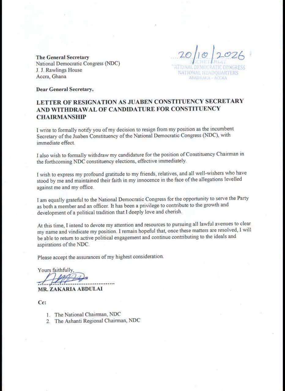 Juaben NDC Secretary Zakaria Abdulai Resigns, Withdraws Chairmanship Bid