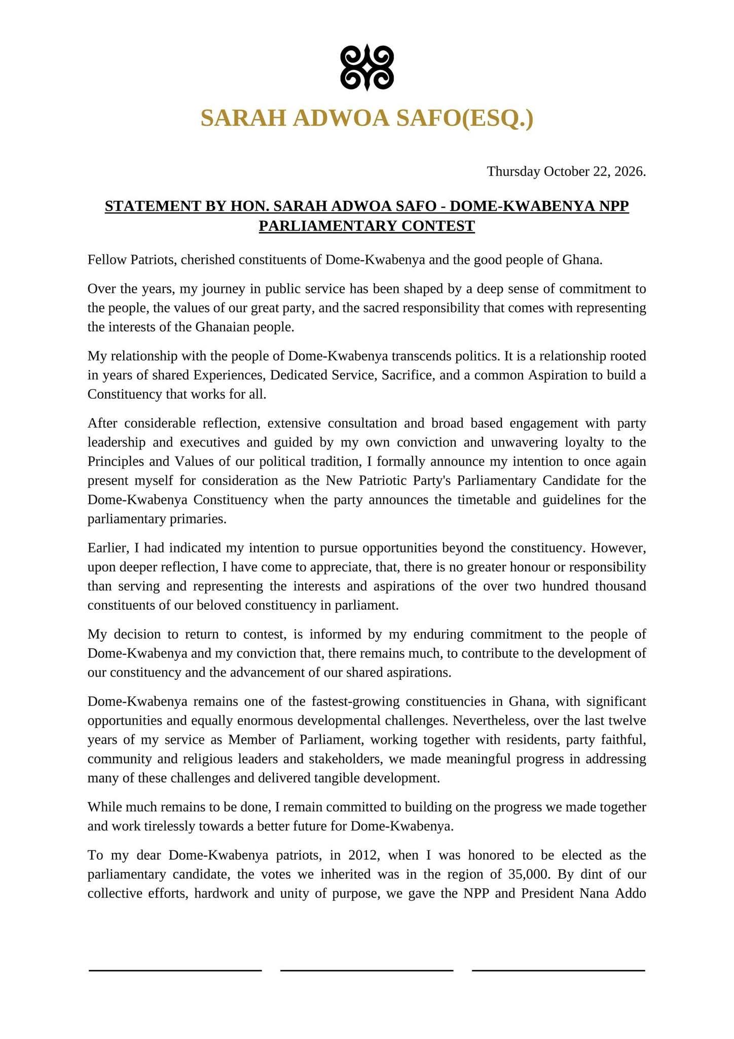 Adwoa Safo Announces Comeback: To Contest Dome-Kwabenya NPP Primaries Again